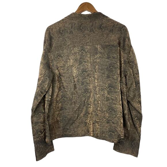 Chico’s | Sz 3 Black Gold Textured Reptile Print Long Sleeve Button Down Blouse - Picture 2 of 11